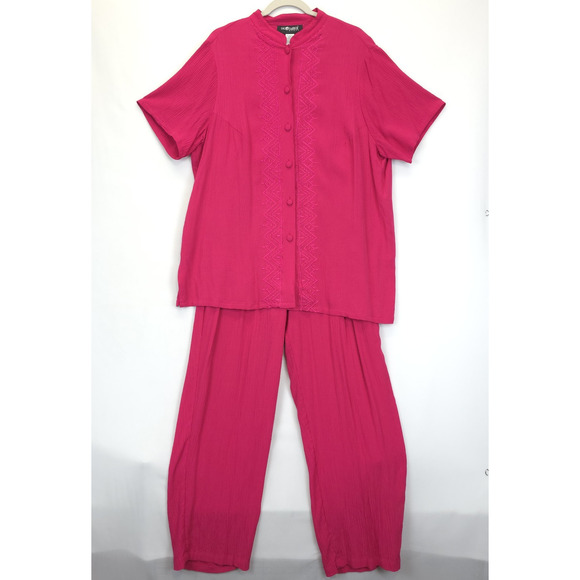 Sag Harbor 2 Pcs Set Pants & Tunic Embroidered Gauzy Women 1X Fuchsia Travel - Picture 1 of 14